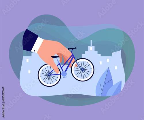 Hand of businessman holding bicycle for city ride. Person using sharing rental system flat vector illustration. Eco transport, rent bike concept for banner, website design or landing web page