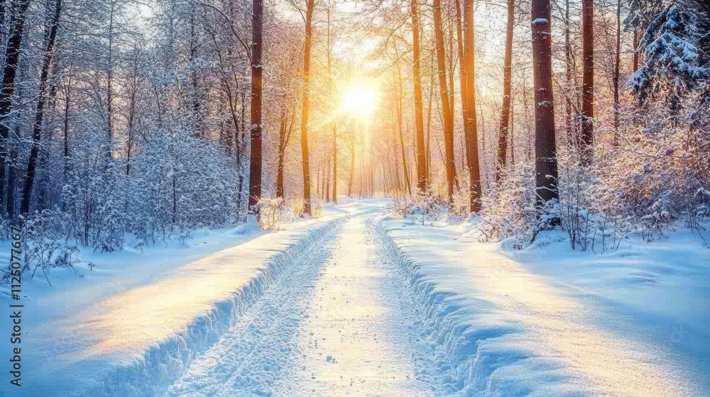 Naklejka premium Snowy forest path with fir trees and blue sky