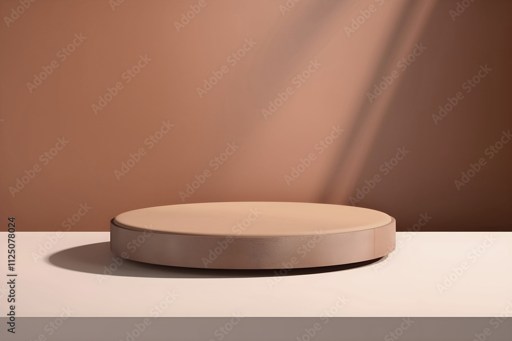 Brown round display pedestal on color of the year, mocha mousse background. Empty display. Platform to showcase products. Brown round display pedestal on color of the year, mocha mousse background. Empty display. Platform to showcase products.