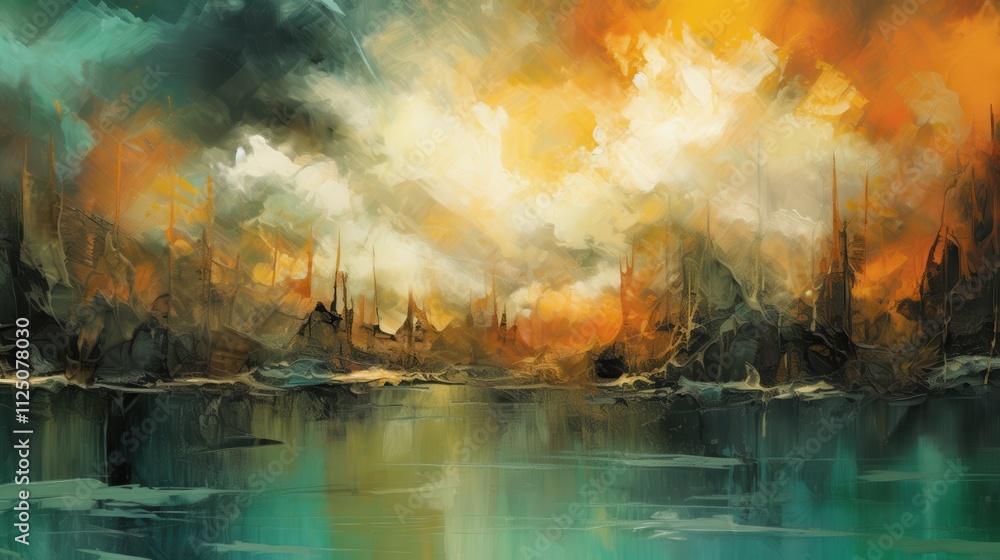 Dramatic landscape painting with fiery sunset and dark, mysterious mountains reflected in still water. Dramatic landscape painting with fiery sunset and dark, mysterious mountains reflected in still water.