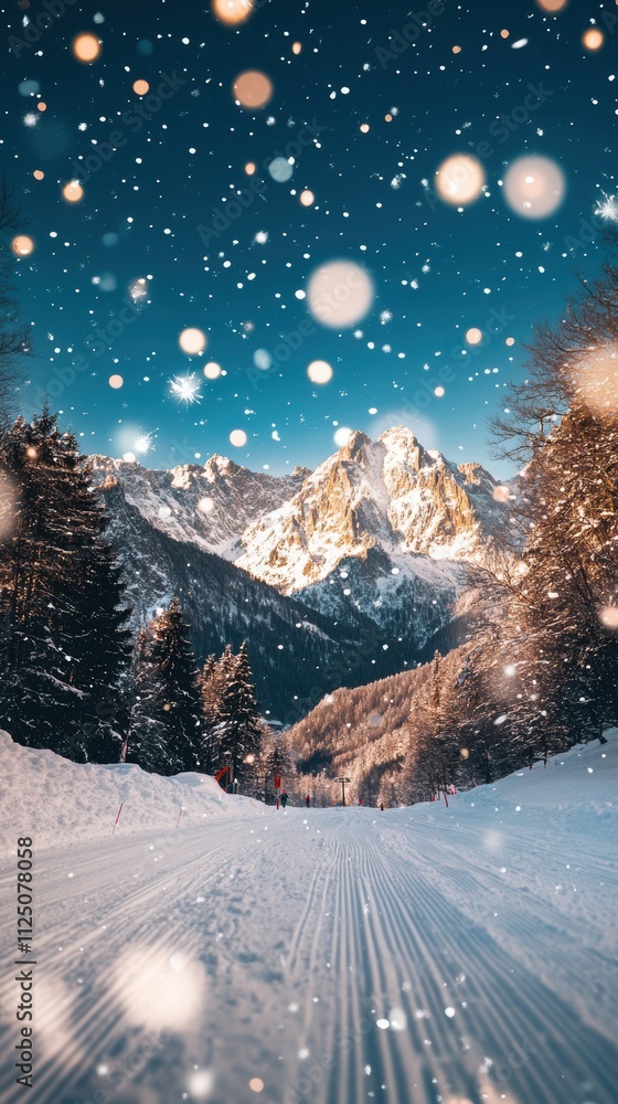 Ski trails in snowy mountain valley under blue sky Ski trails in snowy mountain valley under blue sky