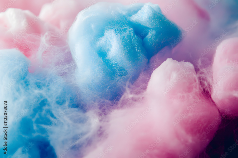 Fototapeta premium Macro photo of sweet pink and blue cotton candy, fluffy sugar cloud, bacground