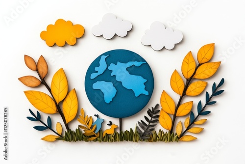 A flat design of a globe with plants, animals, and clouds surrounding it, emphasizing global ecological unity photo