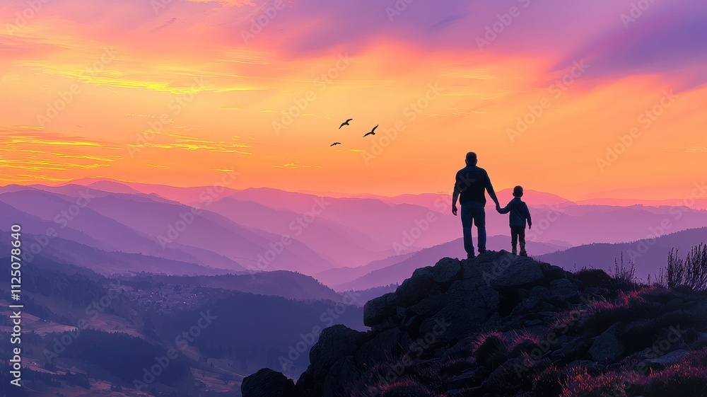 Obraz premium Father and Child on Mountain Peak