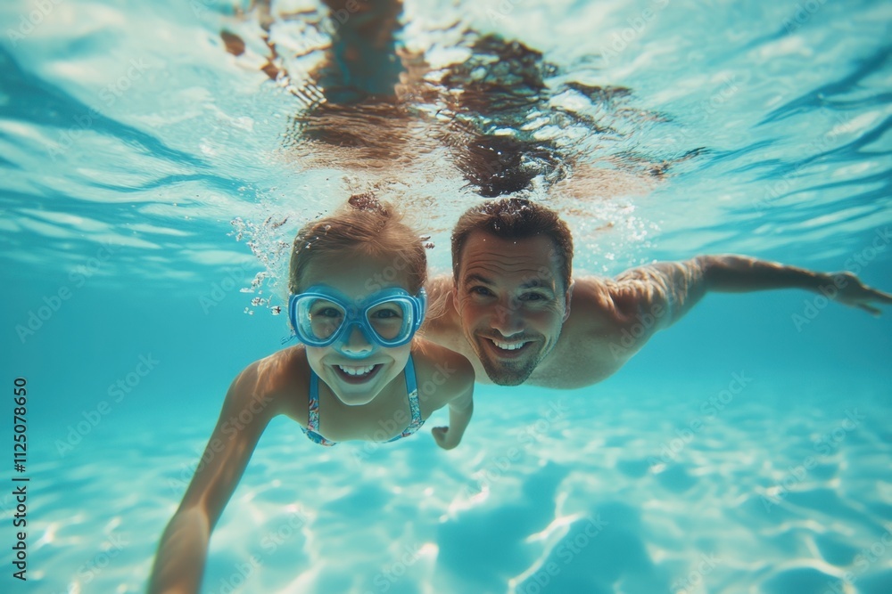 Naklejka premium A Father And Daughter Swim Underwater In A Pool, Enjoying Their Summer Vacation. The Scene Highlights Family Fun, Learning To Swim, With A Blue Father's Day Banner.