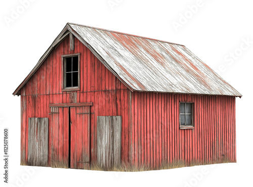 old red rustic wooden barn isolated on white background, weathered wood barn cutout png