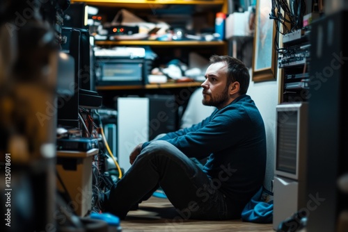 A young man sits on the floor surrounded by technology and cables. His thoughtful expression suggests deep concentration. The scene highlights tech immersion. Generative AI