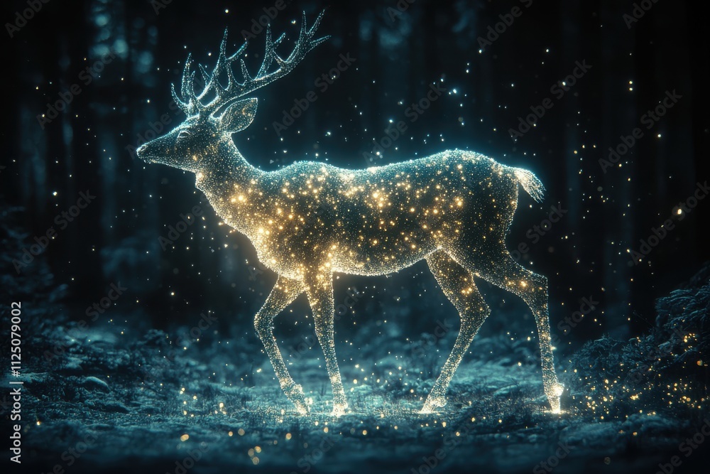 A glowing, ethereal deer surrounded by sparkling particles in a dark forest. A glowing, ethereal deer surrounded by sparkling particles in a dark forest.
