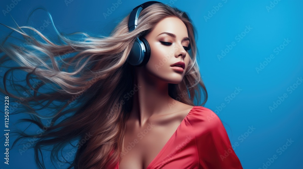 Beautiful woman enjoying music with headphones in a vibrant studio atmosphere Beautiful woman enjoying music with headphones in a vibrant studio atmosphere