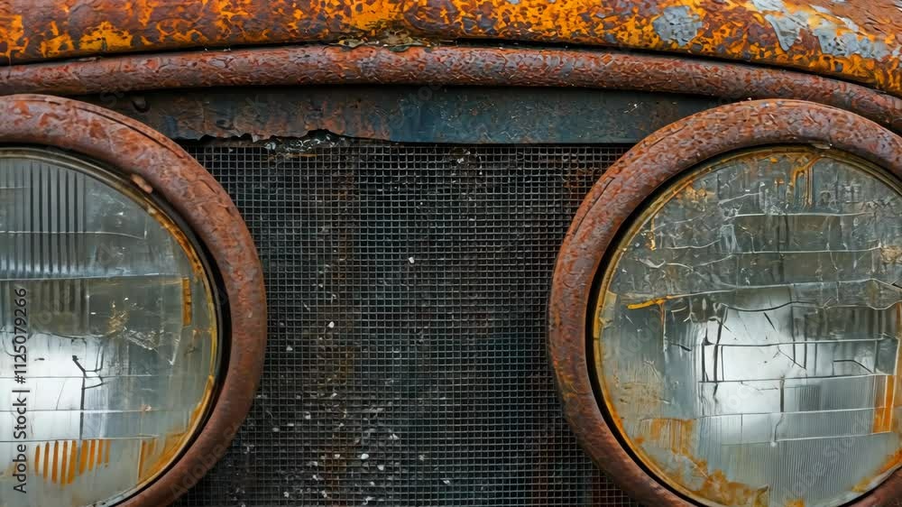 Vintage truck grille showing rust and weathered details in an outdoor setting