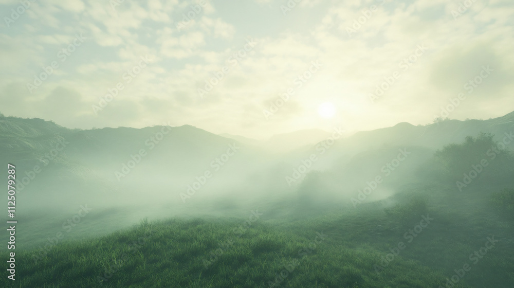 Gentle hills cloaked in fog with faint sunbeams breaking through.