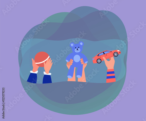 Hands holding toys, giving gifts for children. Assistance and care for little boys and girls from people flat vector illustration. Charity concept for banner, website design or landing web page