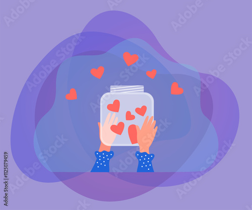 Hands of female volunteer holding donation jar with hearts. Help, love and care from generous person flat vector illustration. Solidarity, hope concept for banner, website design or landing web page