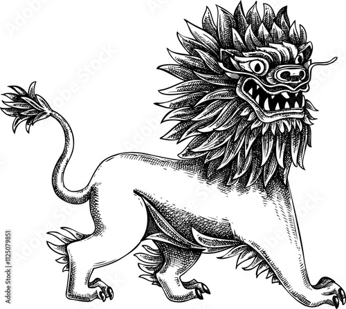 Vector sketch of magical lion in Chinese style. Hand-drawn fantastic animal icon, character vector illustration. NOT AI generated