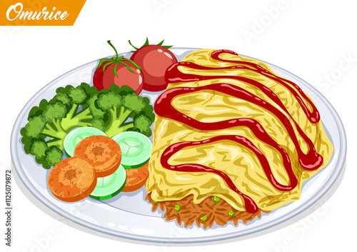 Omurice or Japanese Ketchup Rice on Plate served with Cherry Tomatoes, Broccoli, Carrots and Cucumbers. Healthy Lunch Anime Food Art