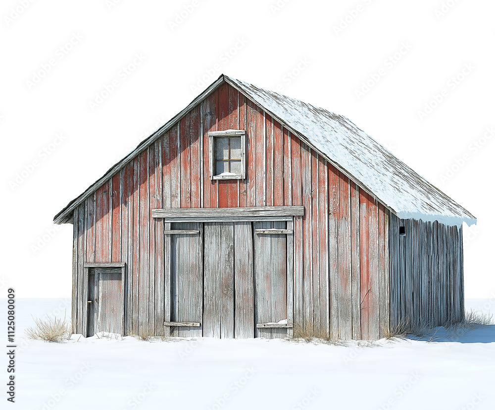 old rustic red wooden barn in the snow, isolated on white background, weathered wood barn in winter, cutout png old rustic red wooden barn in the snow, isolated on white background, weathered wood barn in winter, cutout png