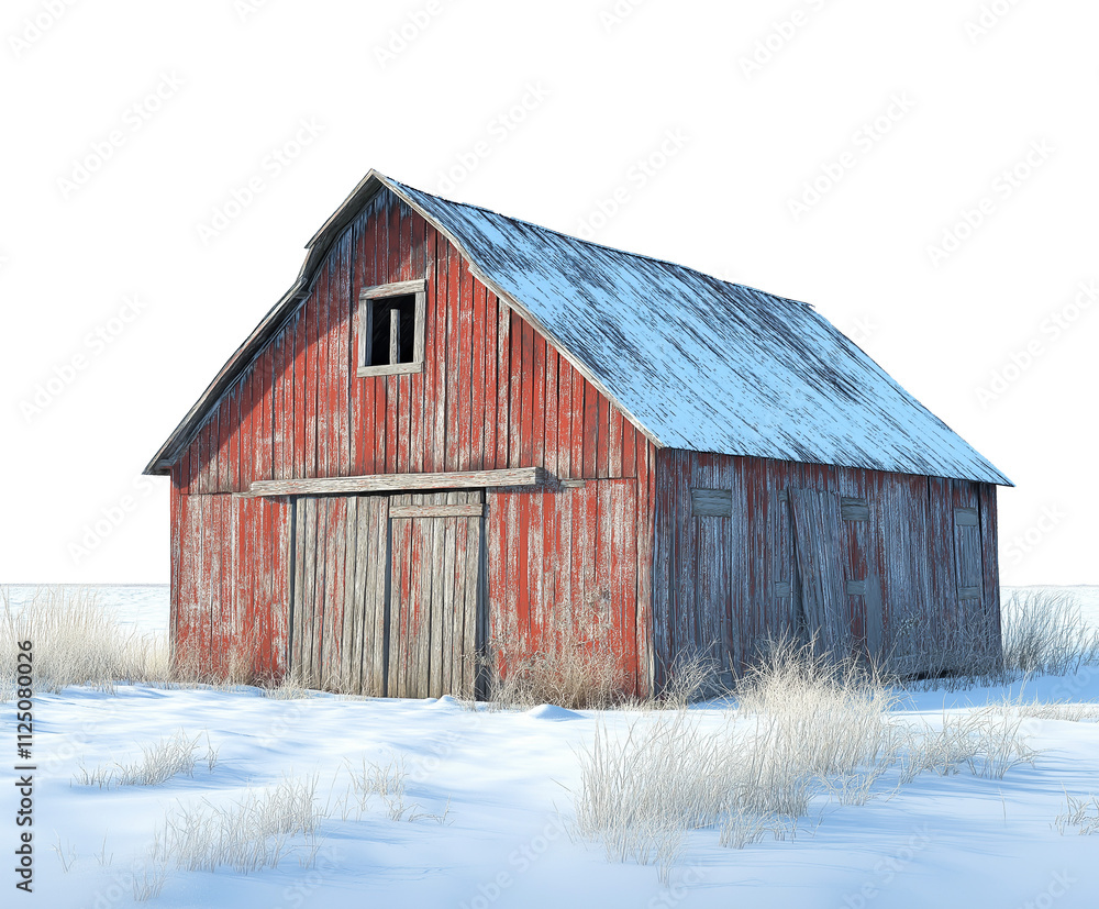 old rustic red wooden barn in the snow, isolated on white background, weathered wood barn in winter, cutout png old rustic red wooden barn in the snow, isolated on white background, weathered wood barn in winter, cutout png