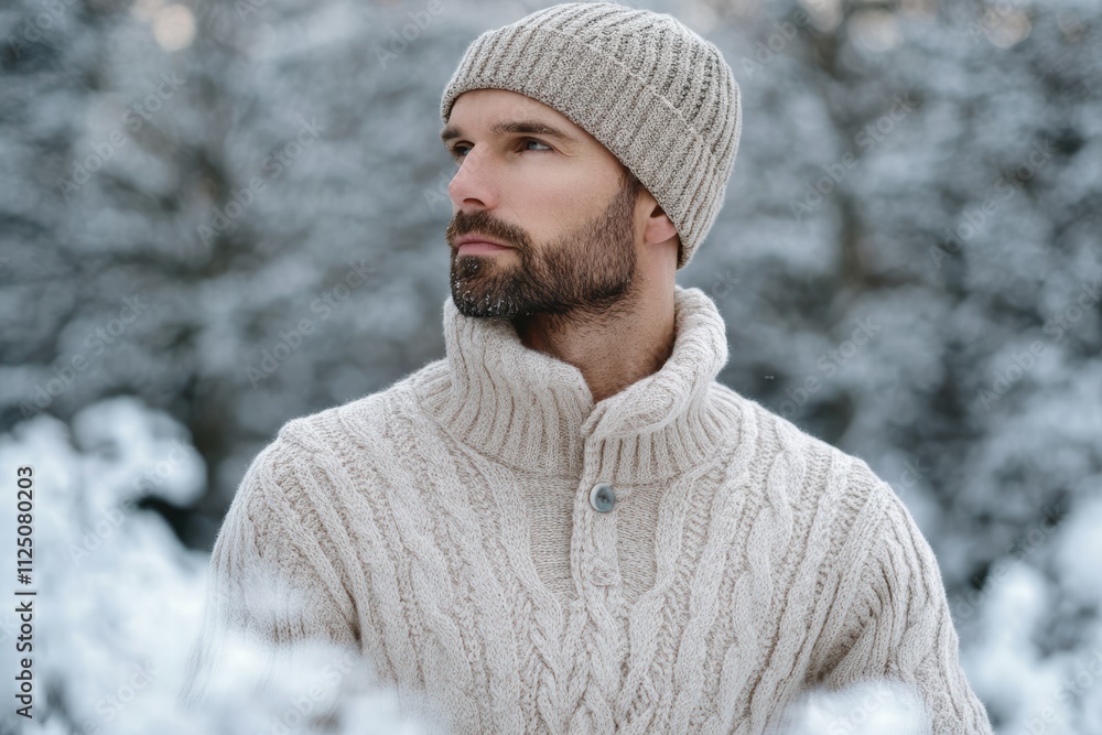 Man in cozy cashmere sweater and hat enjoys a winter day outdoors Man in cozy cashmere sweater and hat enjoys a winter day outdoors