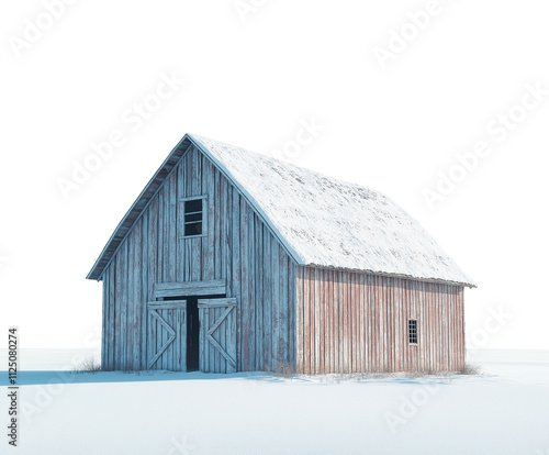 old rustic wooden barn in the snow, isolated on white background, weathered wood barn in winter, cutout png