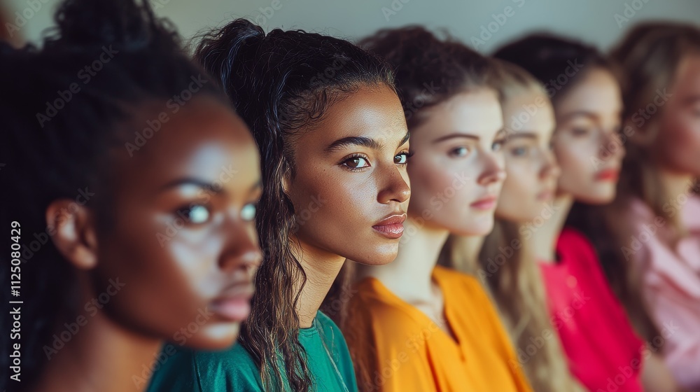 Portrait of diverse women in vibrant clothing, showcasing individuality and beauty in a line-up. Portrait of diverse women in vibrant clothing, showcasing individuality and beauty in a line-up.