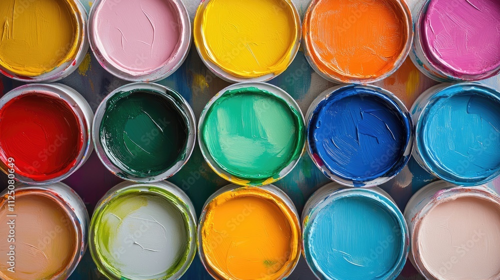 Brightly colored paint cans arranged in a vibrant pattern, showcasing a spectrum of hues. Brightly colored paint cans arranged in a vibrant pattern, showcasing a spectrum of hues.