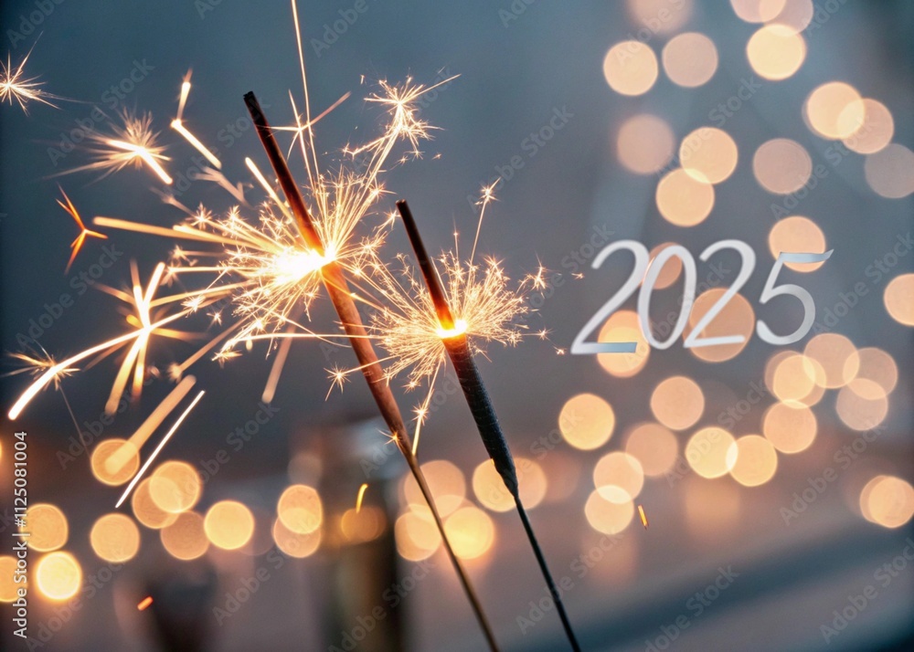 Obraz premium Sylvester Silvester New Year, New Year's Eve 2025 party event celebration holiday greeting card - Closeup of sparkling sparklers and bokeh lights in the background.