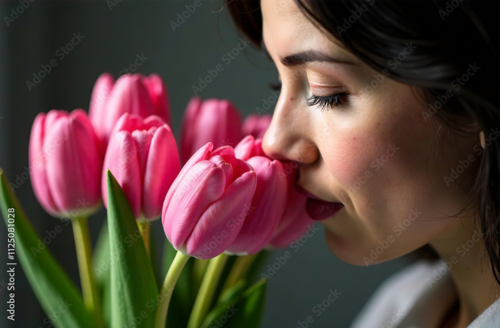 Woman sniffing bouquet of pink tulips, female flower flavor. AI Generative Woman sniffing bouquet of pink tulips, female flower flavor. AI Generative