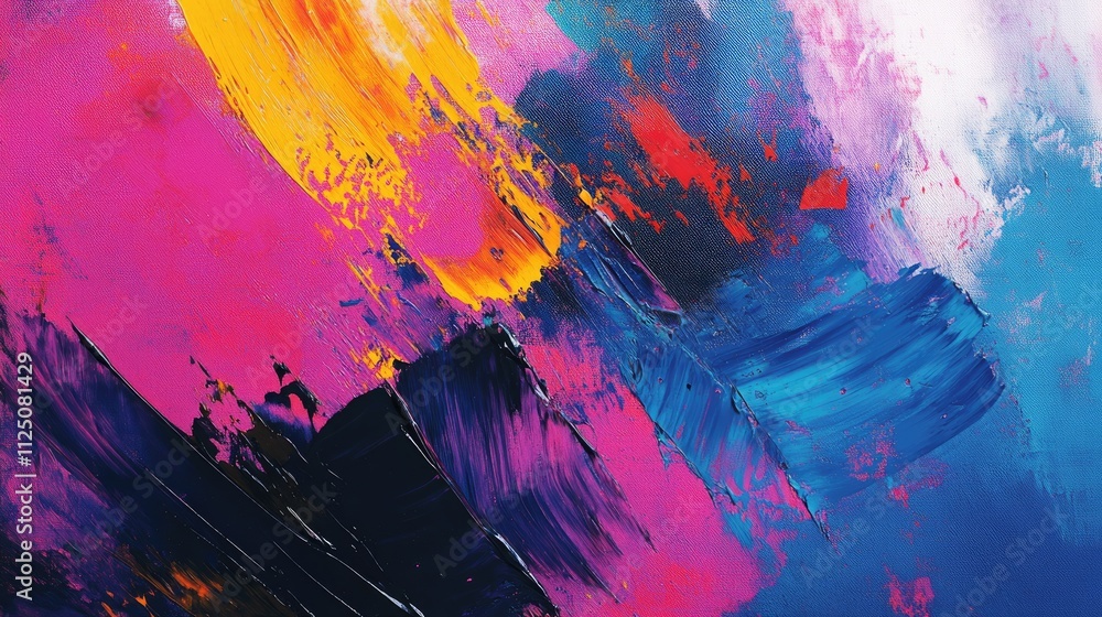 Fototapeta premium Vibrant abstract painting with bold strokes in pink, blue, and orange hues, creating an energetic and dynamic visual experience.