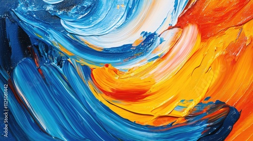 A vibrant abstract painting with bold swirls of blue, orange, and yellow, creating a dynamic and energetic visual experience. photo