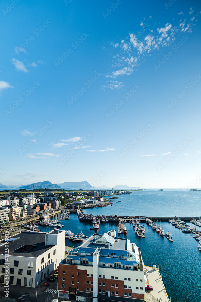 Naklejka premium Bodo city center in Norway aerial view cityscape in summer with architecture and harbour in Bodo, Norland, Norway