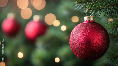 vibrant red Christmas ornament hangs from pine branch, surrounded by soft, glowing lights. This festive scene captures warmth and joy of holiday season