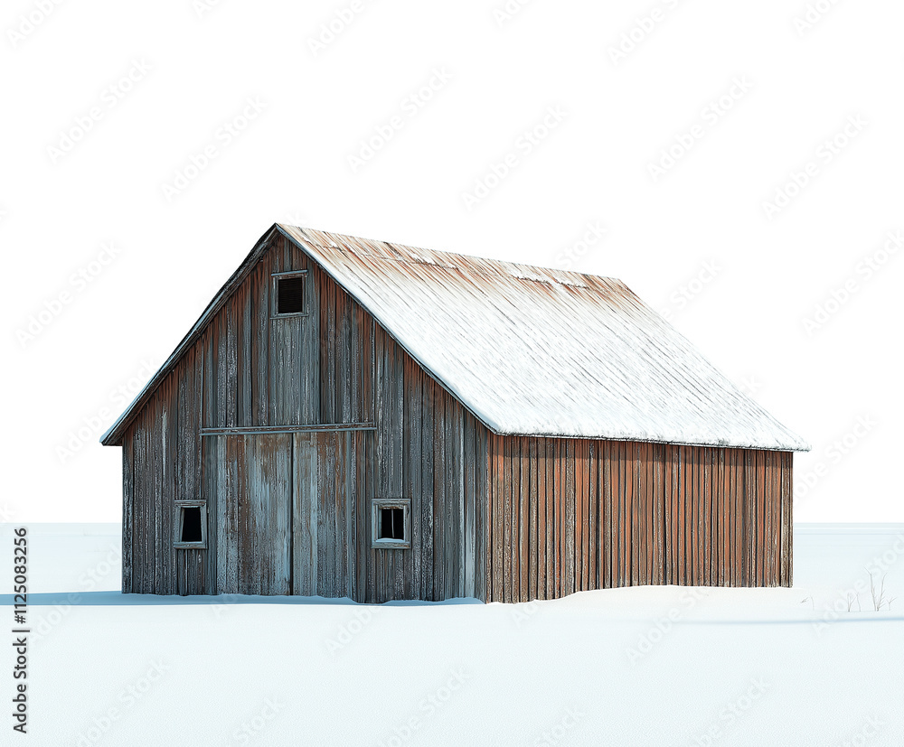 old rustic wooden barn in the snow, isolated on white background, weathered wooden barn in winter, cutout png old rustic wooden barn in the snow, isolated on white background, weathered wooden barn in winter, cutout png