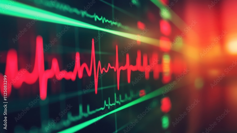 A heart monitor displaying a rapid heartbeat, with bright red and green colors, capturing the urgency and importance of monitoring heart health A heart monitor displaying a rapid heartbeat, with bright red and green colors, capturing the urgency and importance of monitoring heart health