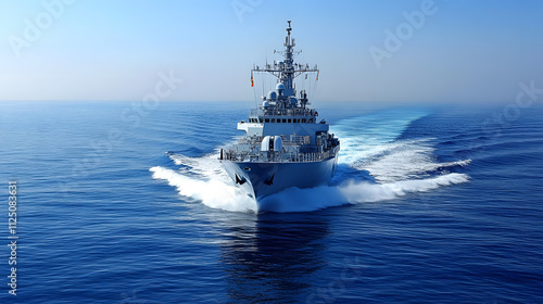 A large ship is sailing through the ocean with a beautiful sunset in the background. The ship is surrounded by a lot of water, and the sun is setting in the distance. The scene is peaceful and serene