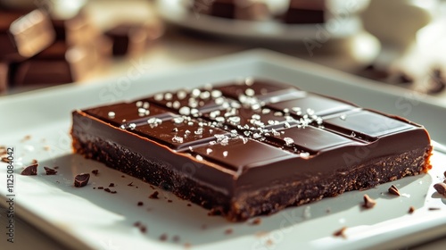 A luxurious chocolate tart with a glossy chocolate glaze and a sprinkle of sea salt, elegantly displayed on a white plate, evoking sophistication and indulgence