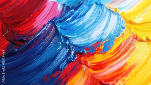 Vibrant abstract paint strokes in red, blue, yellow, and orange, showcasing a blend of colors and textures.