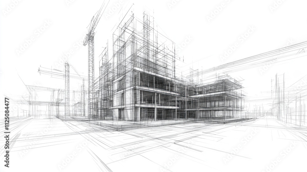 Architectural blueprint of a modern building under construction, showcasing intricate line work and structural details. Architectural blueprint of a modern building under construction, showcasing intricate line work and structural details.