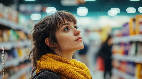 A woman in a yellow scarf gazes thoughtfully while standing in a grocery store aisle surrounded by products.