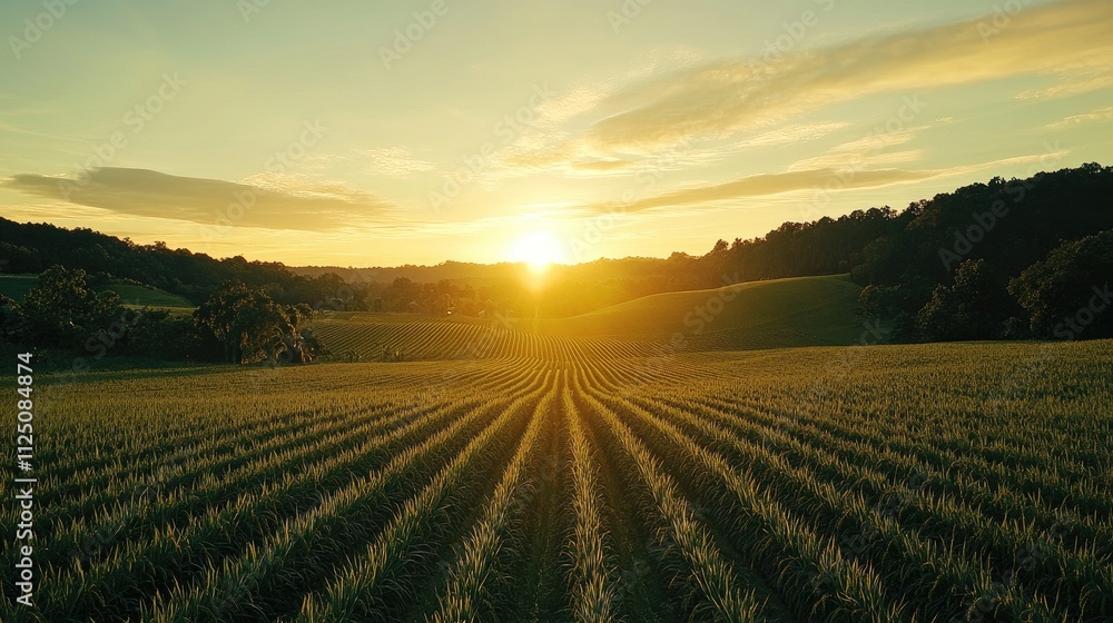 A panoramic view of lush green rice fields stretching across the landscape, with the sun setting in the background, creating a warm golden glow over the crops A panoramic view of lush green rice fields stretching across the landscape, with the sun setting in the background, creating a warm golden glow over the crops