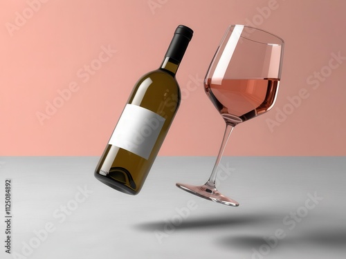 A floating wine bottle and glass against a pastel background, showcasing elegance and style in drink presentation. photo