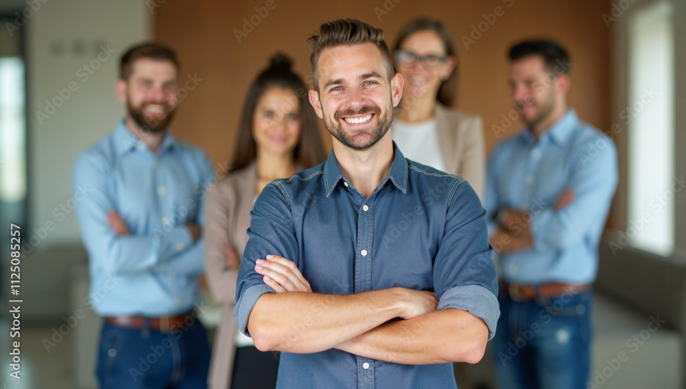 Confident young leader smiling with team in the background Confident young leader smiling with team in the background