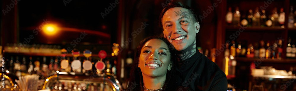 Tattooed couple enjoys a joyful night out in a lively bar atmosphere. Tattooed couple enjoys a joyful night out in a lively bar atmosphere.
