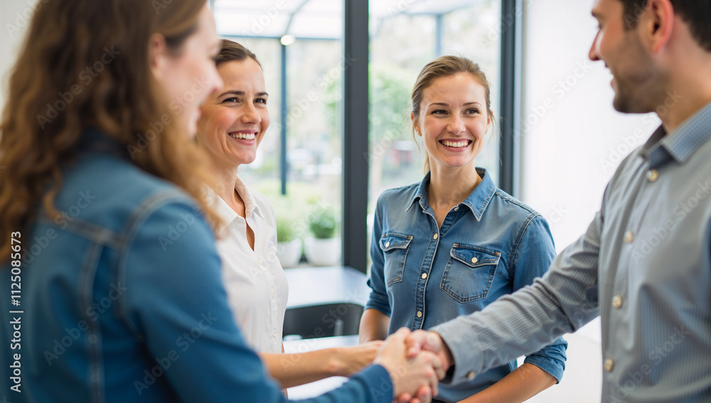 Fototapeta premium Friendly handshake between colleagues in a bright and collaborative workspace
