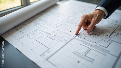 Close-up of architectural blueprint with hand pointing to design details