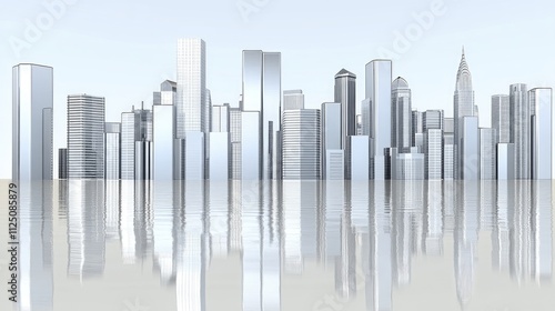 A polished 3D bar chart with reflective glass bars, representing quarterly growth. A modern cityscape fades into the background, symbolizing corporate success and expansion.