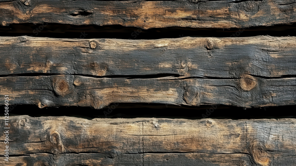 Obraz premium Weathered wooden planks with rich textures and dark tones create rustic backdrop. natural imperfections and grain patterns add character and warmth to any design