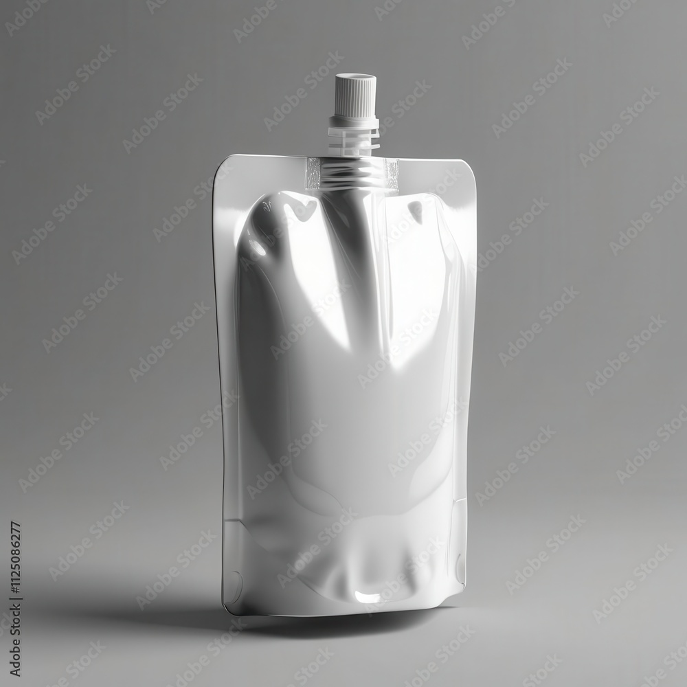 A minimalist design of a white, flexible packaging pouch suitable for food or beverage products. A minimalist design of a white, flexible packaging pouch suitable for food or beverage products.