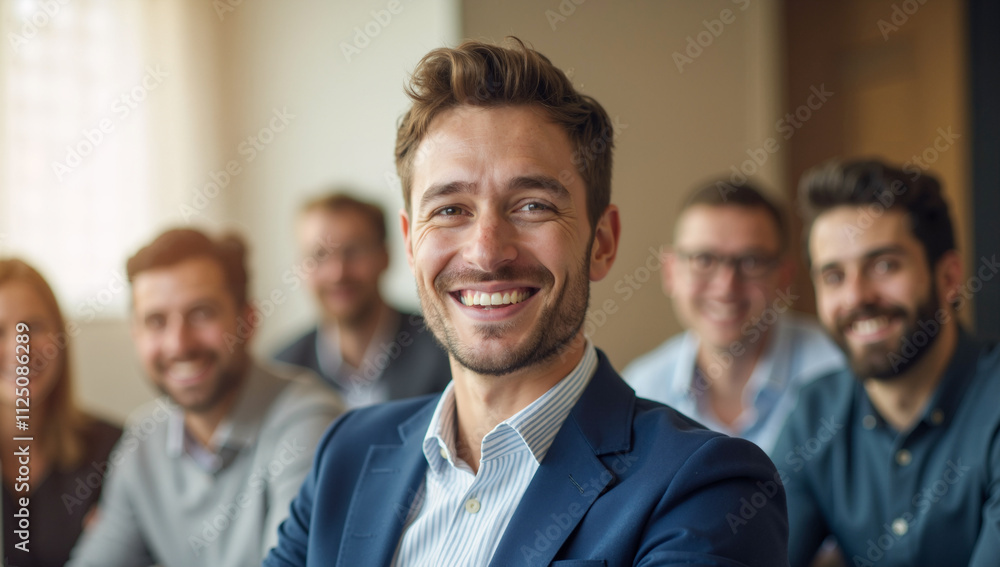Happy businessman in formal attire during a team meeting in office setting Happy businessman in formal attire during a team meeting in office setting