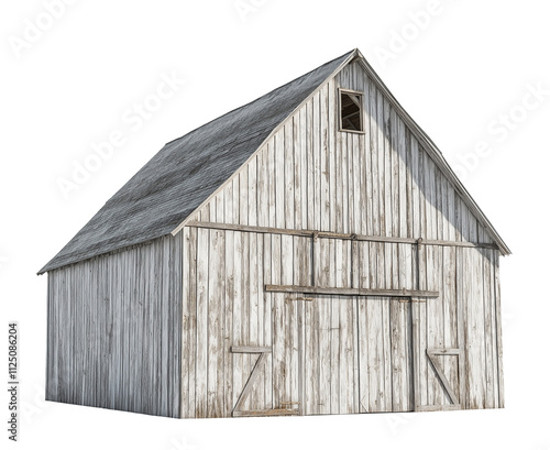 old rustic wooden barn isolated on white background, weathered wood barn cutout png