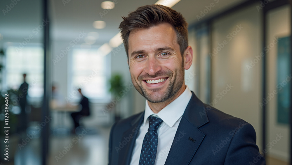 Confident businessman smiling in a formal suit at the office Confident businessman smiling in a formal suit at the office